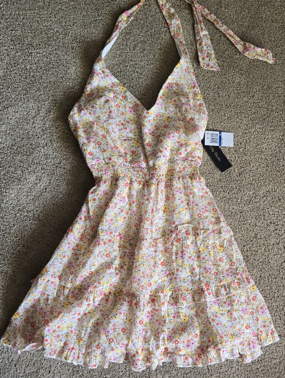 City Studio Tie Halter Sundress Dress Floral White Yellow Pink XL Cute!